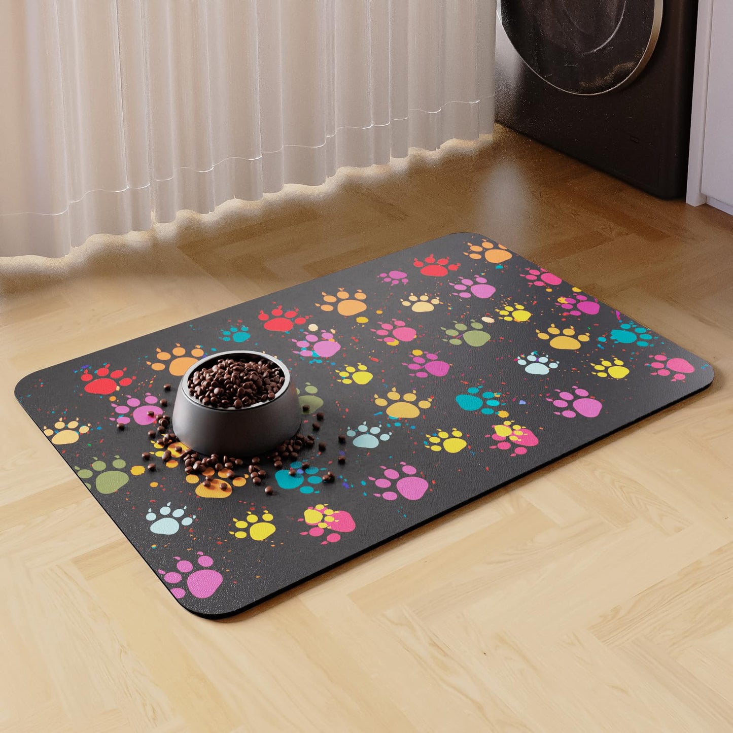 Colorful Paw Print Absorbent Pet Feeding Mat - Non-Slip Food & Water Bowl Mat