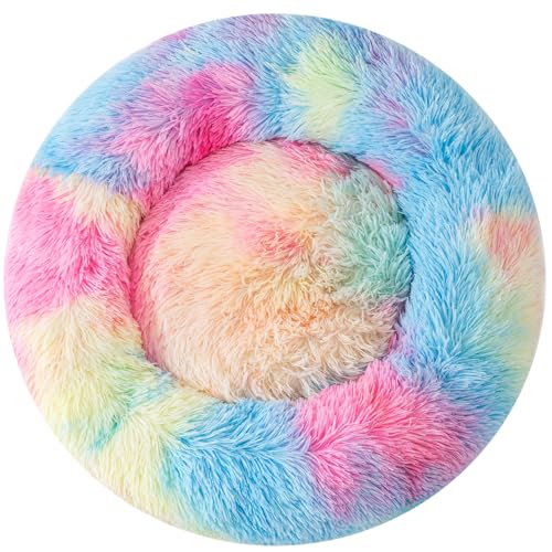 Calming Rainbow Plush Pet Bed for Cats & Small Dogs